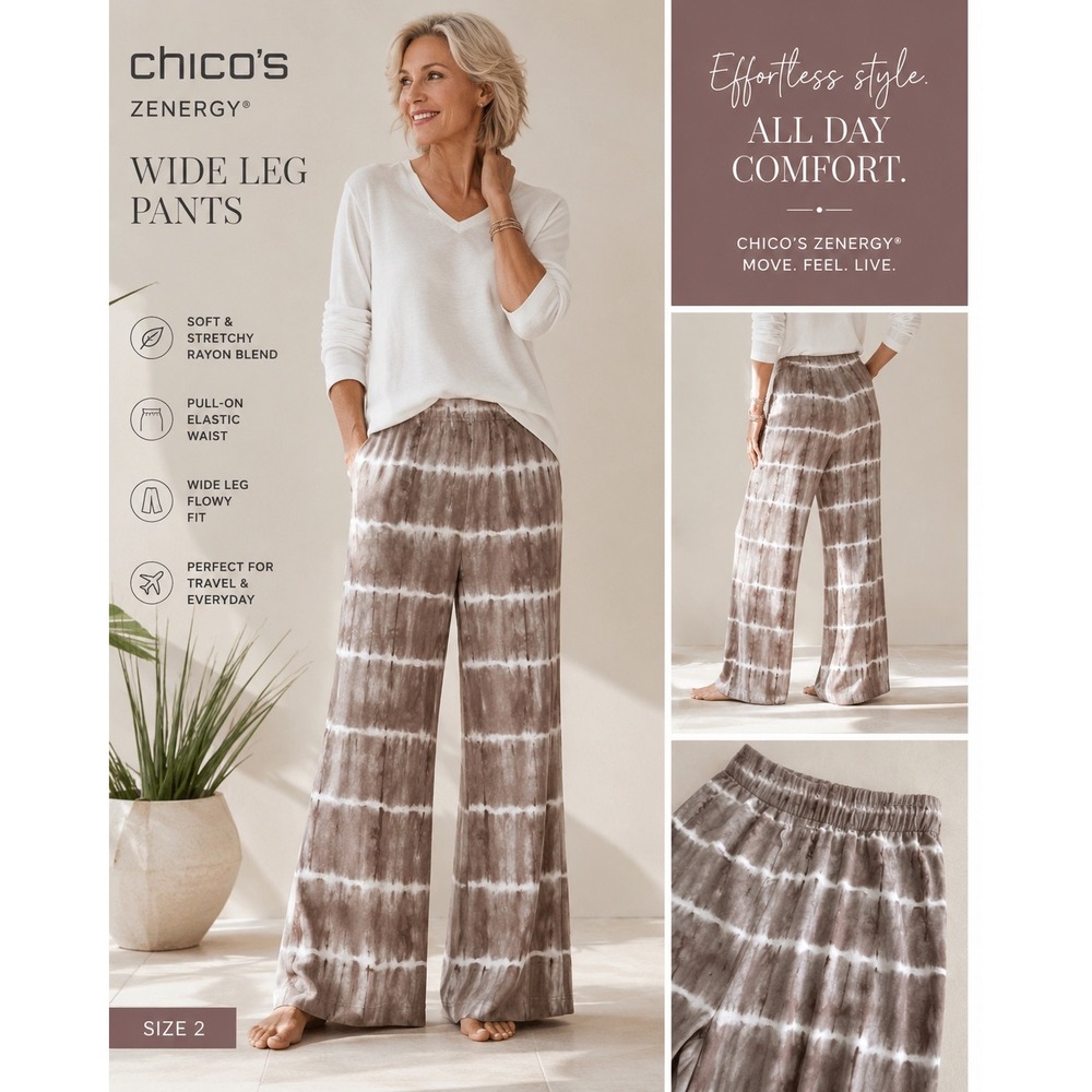 Chico's Zenergy Tie Dye Wide Leg Pants Lagenlook Boho Travel Size 2